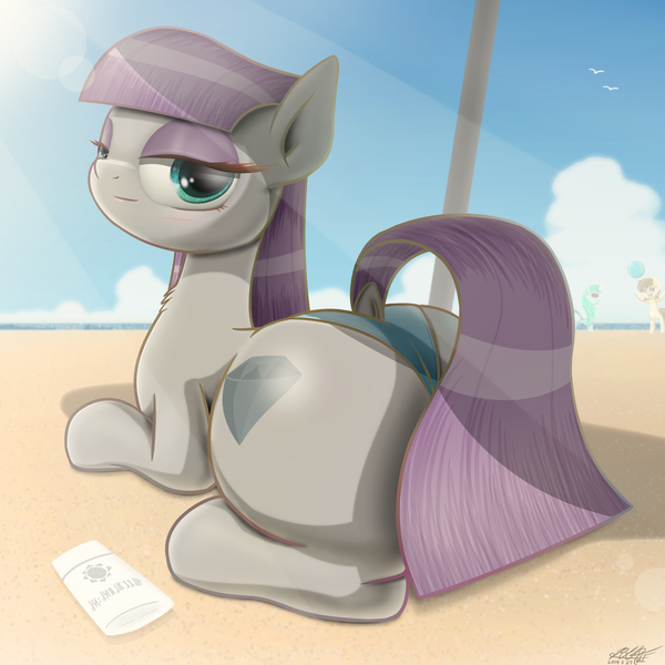 Size: 1900x1900 | Tagged: safe, artist:phoenixrk49, derpibooru import, maud pie, earth pony, pony, boulder buns, butt, clothes, dock, female, looking at you, mare, plot, prone, solo, swimsuit, wrong cutie mark