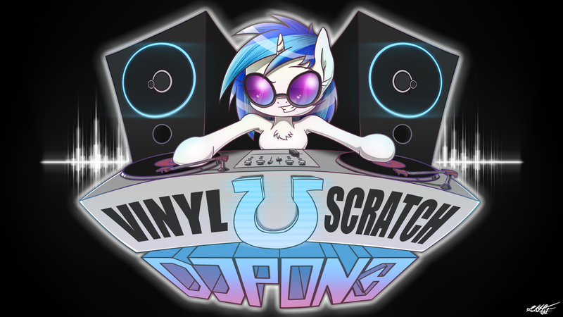 Size: 1920x1080 | Tagged: safe, artist:phoenixrk49, derpibooru import, vinyl scratch, pony, unicorn, black background, chest fluff, dj booth, horseshoes, signature, simple background, smiling, solo, turntable