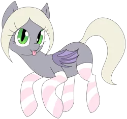 Size: 2061x1929 | Tagged: safe, artist:wafflecakes, derpibooru import, oc, oc:sanguine morning, unofficial characters only, bat pony, pony, bat pony oc, bat wings, clothes, simple background, socks, solo, tongue out, transparent background, wings