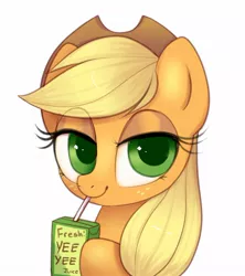 Size: 990x1117 | Tagged: safe, artist:confetticakez, derpibooru import, applejack, pony, bedroom eyes, bust, cute, drink, drinking, eye clipping through hair, female, hoof hold, jackabetes, juice, juice box, looking at you, mare, portrait, simple background, solo, straw, white background, yee yee