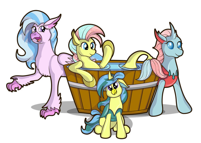 Size: 1600x1136 | Tagged: artist:moonlightfan, derpibooru import, female, hybrid, interspecies offspring, lesbian, magical lesbian spawn, niclove, oc, ocellus, ocellustream, offspring, parent:ocellus, parent:silverstream, parents:ocellustream, safe, seapony (g4), shipping, silverstream, simple background, white background