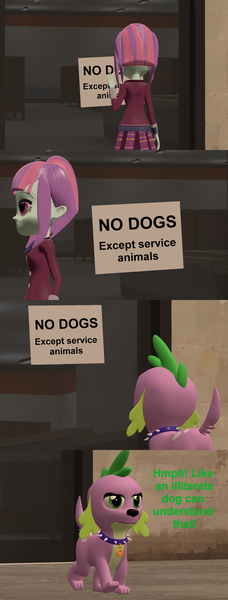 Size: 1644x4320 | Tagged: safe, artist:papadragon69, derpibooru import, spike, spike the regular dog, sunny flare, dog, equestria girls, 3d, abuse, old master q, parody, sign, source filmmaker, spike the regular dog is not amused, spikeabuse, unamused