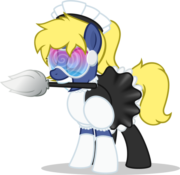 Size: 1380x1343 | Tagged: safe, artist:nxzc88, derpibooru import, oc, oc:naveen numbers, unofficial characters only, pony, choker, clothes, commission, dress, duster, female, grin, hypnogear, hypnogoggles, hypnosis, hypnotized, maid, maid headdress, mare, mouth hold, ponytail, show accurate, simple background, skirt, smiling, socks, solo, swirly eyes, transparent background, vector, visor