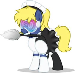 Size: 1380x1343 | Tagged: safe, artist:nxzc88, derpibooru import, oc, oc:naveen numbers, unofficial characters only, pony, choker, clothes, commission, dress, duster, female, grin, hypnogear, hypnogoggles, hypnosis, hypnotized, maid, maid headdress, mare, mouth hold, ponytail, show accurate, simple background, skirt, smiling, socks, solo, swirly eyes, transparent background, vector, visor