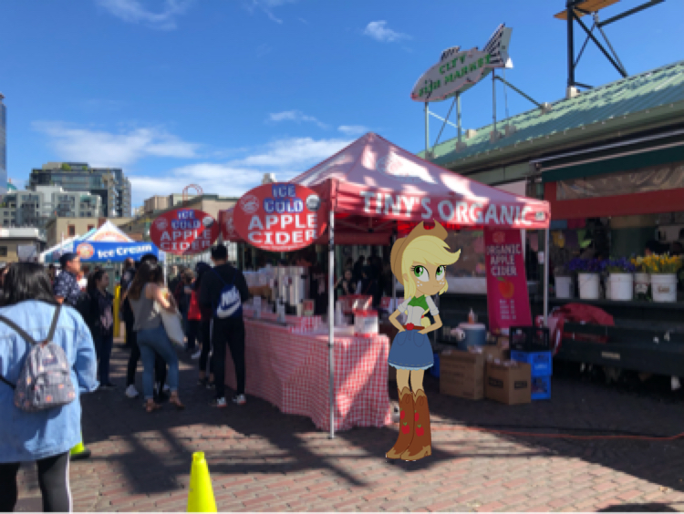 Size: 750x564 | Tagged: safe, derpibooru import, applejack, human, equestria girls, farmers market, irl, irl human, photo, pike place market, real life background, seattle, street, united states, washington