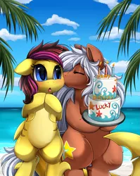 Size: 2855x3587 | Tagged: safe, artist:pridark, derpibooru import, oc, oc:lucky radiance, unnamed oc, unofficial characters only, earth pony, original species, pony, shark, shark pony, beach, birthday cake, blushing, cake, candle, commission, dessert, fire, food, kissing, ocean, open mouth, plate, sand