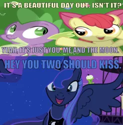 Size: 666x674 | Tagged: safe, derpibooru import, edit, edited screencap, editor:undeadponysoldier, screencap, apple bloom, princess luna, spike, alicorn, dragon, luna eclipsed, asdfmovie, caption, comic, cute, eclipse, female, filly, flower, funny, funny as hell, happy, image macro, implied kissing, luna the shipper, male, mare, nightmare night, open mouth, reference, screencap comic, shipper on deck, shipping, solar eclipse, spikebloom, spread wings, straight, text, wings, wrong aspect ratio