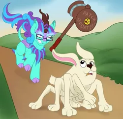 Size: 571x548 | Tagged: safe, artist:countessmrose, derpibooru import, oc, oc:rattletrap, kirin, nirik, pony, ah my goddess, angry, caption, chase, debugging, emoji, glasses, hyper hammer, kirin oc, kirinsona, legends of equestria, levitation, magic, mallet, meme, nirik-ified, oh my goddess, patch, rage face, running, system bug, telekinesis, text, update