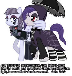 Size: 1496x1578 | Tagged: artist:lightningbolt, bible verse, derpibooru import, edit, female, funnel web, goth, inky rose, male, mouthpiece, out of context, religion, safe, simple background, straight, text