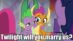 Size: 1920x1080 | Tagged: safe, derpibooru import, edit, edited screencap, screencap, smolder, spike, twilight sparkle, twilight sparkle (alicorn), alicorn, dragon, sweet and smoky, caption, cute, dragoness, duo focus, female, friends, image macro, male, shipping, side hug, smolderbetes, spikabetes, spolder, straight, text, this will end in marriage, winged spike