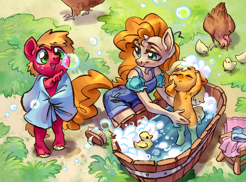 Size: 2800x2067 | Tagged: safe, artist:holivi, derpibooru import, applejack, big macintosh, pear butter, anthro, bird, chicken, earth pony, unguligrade anthro, armpits, bath, bathing, bathtub, brother and sister, brush, bubble, chicks, clothes, cute, female, floppy ears, foal, freckles, grass, happy, image, jackabetes, jpeg, macabetes, male, mother and child, mother and daughter, mother and son, motherly, motherly love, nipples, nudity, open mouth, pointing, siblings, soap bubble, suds, toddler, towel, trio, unshorn fetlocks, water, weapons-grade cute, wholesome, younger