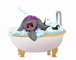 Size: 2112x1675 | Tagged: safe, artist:confetticakez, derpibooru import, oc, oc:andromeda aurora, unofficial characters only, bat pony, pony, adorable distress, bat pony oc, bat wings, bath, bathtub, blushing, bubble bath, claw foot bathtub, crying, cute, ear fluff, ear tufts, eeee, eyes closed, fangs, female, floppy ears, forced bathing, frown, mare, open mouth, rubber duck, sad, sadorable, screaming, simple background, solo, suds, tongue out, water, wet, wet mane, white background, wings