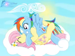 Size: 8000x6000 | Tagged: safe, artist:nightmaremoons, derpibooru import, fluttershy, rainbow dash, pony, alternate hairstyle, boop, cloud, cloudy, female, flower, flower in hair, flutterdash, lesbian, noseboop, palindrome get, shipping, show accurate, snuggling
