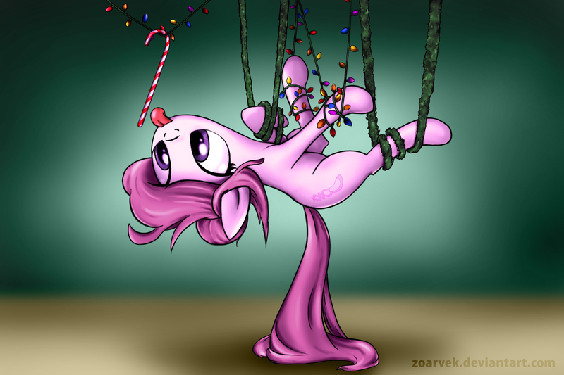 Size: 2160x1440 | Tagged: safe, artist:zoarvek, derpibooru import, oc, oc:velvet step, unofficial characters only, candy, candy cane, christmas, christmas lights, food, garland, hair bun, hanging, holiday, lights, reaching, solo, stuck, tangled up, tinsel, tongue out, trapped, upside down