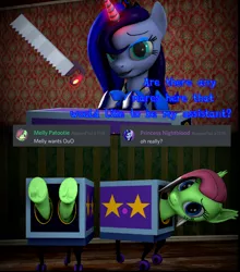 Size: 1224x1388 | Tagged: 3d, artist:nightblood, box, box sawing trick, derpibooru import, french, half, magic trick, modular, oc, oc:nightblood eclipse, oc:watermelon success, safe, saw, text, unofficial characters only