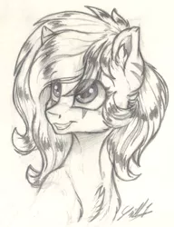 Size: 1028x1337 | Tagged: safe, artist:gaelledragons, derpibooru import, oc, unofficial characters only, pony, bust, chest fluff, female, grin, mare, monochrome, portrait, smiling, solo, traditional art