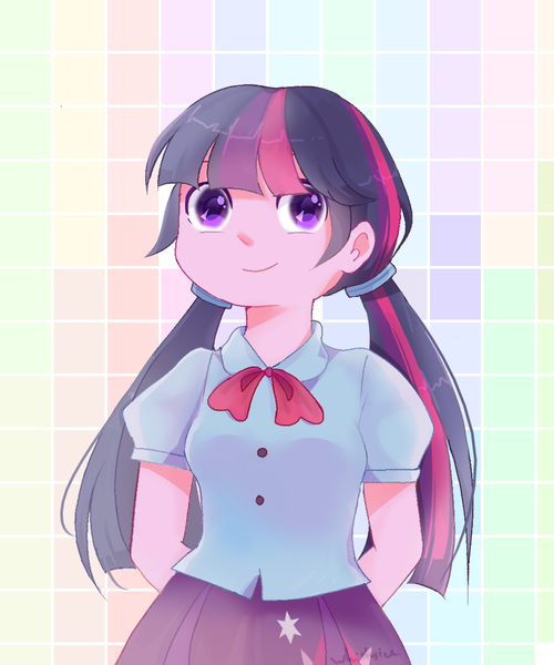 Size: 1000x1200 | Tagged: safe, artist:whiskyice, derpibooru import, twilight sparkle, equestria girls, alternate hairstyle, clothes, cute, female, pigtails, smiling, solo, twiabetes, twintails
