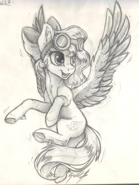 Size: 1307x1727 | Tagged: safe, artist:gaelledragons, derpibooru import, oc, oc:lydria, unofficial characters only, pegasus, pony, bow, female, flying, goggles, grayscale, hair bow, mare, monochrome, smiling, solo, traditional art