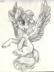 Size: 1307x1727 | Tagged: safe, artist:gaelledragons, derpibooru import, oc, oc:lydria, unofficial characters only, pegasus, pony, bow, female, flying, goggles, grayscale, hair bow, mare, monochrome, smiling, solo, traditional art