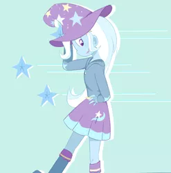 Size: 2368x2392 | Tagged: safe, artist:yuck, derpibooru import, edit, trixie, equestria girls, blue background, clothes, cropped, cute, diatrixes, female, hand on hip, hat, open mouth, profile, simple background, skirt, solo, stars, trixie's hat