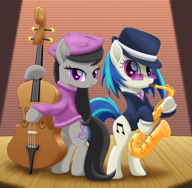 Size: 2208x2160 | Tagged: safe, artist:lifesharbinger, derpibooru import, octavia melody, vinyl scratch, earth pony, pony, unicorn, clothes, duet, duo, hat, looking at you, musical instrument, playing, saxophone, smiling, spotlight, stage, top hat