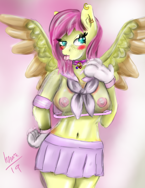 Size: 1508x1954 | Tagged: questionable, artist:hippik, derpibooru import, fluttershy, anthro, bimbo, breasts, clothes, colored sketch, female, image, nipples, no bra underneath, nudity, png, see-through, see-through shirt, sluttershy, solo, solo female