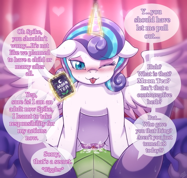 Size: 1600x1518 | Tagged: explicit, artist:vavacung, derpibooru import, princess flurry heart, spike, alicorn, dragon, comic:my life as a short dragon, aftersex, barely legal, blushing, comic, creampie, cum, dialogue, engrish, female, first person view, flurryspike, food, knotted, knotting, male, male pov, moon tea, not incest, offscreen character, older, older flurry heart, one eye closed, open mouth, penetration, pov, shipping, spread wings, straight, submissive pov, tea, this will not end in pregnancy, tongue out, troll, virgin, wingboner, wings, wink