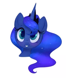 Size: 1310x1528 | Tagged: safe, artist:confetticakez, derpibooru import, princess luna, alicorn, pony, blushing, bust, crown, cute, ethereal mane, eye clipping through hair, female, galaxy mane, head, jewelry, lunabetes, mare, regalia, simple background, smiling, solo, starry mane, white background