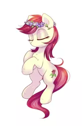 Size: 1223x1877 | Tagged: safe, artist:confetticakez, derpibooru import, roseluck, earth pony, pony, background pony, calm, cute, cuteluck, eyes closed, female, floating, flower, flower in hair, mare, no mouth, relaxed, simple background, solo, white background