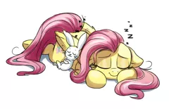 Size: 2000x1240 | Tagged: safe, artist:confetticakez, derpibooru import, angel bunny, fluttershy, pegasus, pony, angelbetes, cute, duo, eyes closed, female, floppy ears, folded wings, leaning back, mare, onomatopoeia, peaceful, prone, shyabetes, simple background, sleeping, smiling, sound effects, white background, wings, zzz