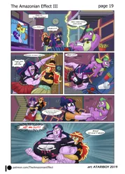 Size: 1697x2367 | Tagged: suggestive, artist:atariboy2600, artist:bluecarnationstudios, derpibooru import, sci-twi, spike, spike the regular dog, sunset shimmer, twilight sparkle, dog, comic:the amazonian effect, comic:the amazonian effect iii, equestria girls, angry, aqua teen hunger force, bear hug, breasts, buff breasts, busty twilight sparkle, comic, growth, hug, image, kung fu shimmer, muscle expansion, muscle growth, muscles, my troubled pony, overdeveloped muscles, png, red eyes, sunset's apartment, the grim adventures of billy and mandy, twilight muscle, twolight