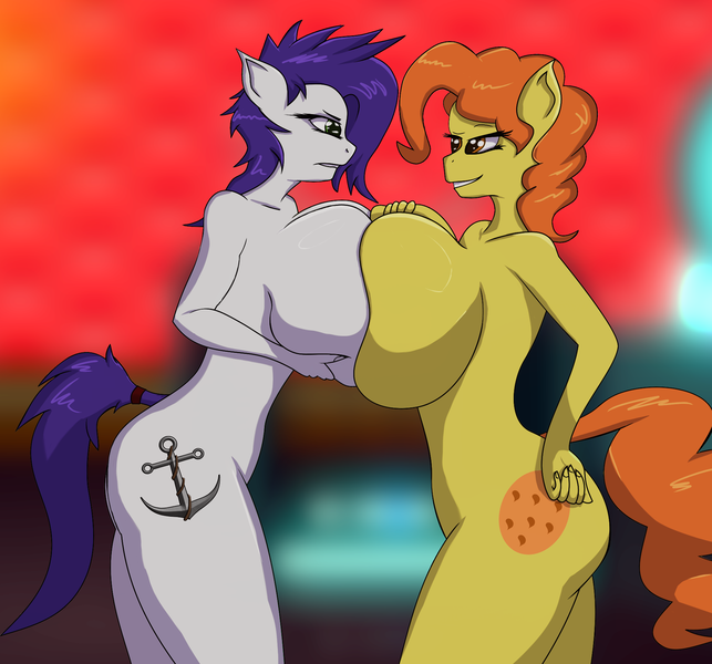 Size: 1920x1792 | Tagged: questionable, artist:askthecookies, artist:reload2, derpibooru import, oc, oc:burly bash, oc:tangerine cookie, unofficial characters only, anthro, earth pony, big breasts, breast expansion, breasts, duo, duo female, female, females only, growth, huge breasts, nudity, symmetrical docking