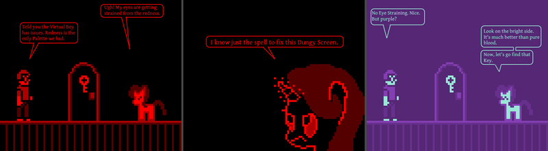 Size: 1740x480 | Tagged: safe, artist:derek the metagamer, derpibooru import, starlight glimmer, oc, oc:dirk wise, pony, unicorn, aseprite, comic, door, palette swap, pixel art, purple, recolor, redness, starlight glimmer's palette, virtual boy