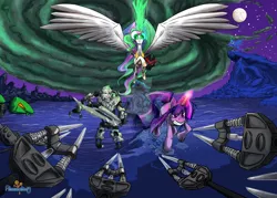 Size: 1600x1143 | Tagged: safe, artist:filmmakerj, derpibooru import, princess celestia, twilight sparkle, oc, oc:saibarru, alicorn, pony, unicorn, bionicle, commission, crossover, deviantart watermark, lego, lerahk, non-mlp oc, obtrusive watermark, rahkshi, watermark