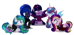 Size: 4337x2089 | Tagged: safe, artist:celestial-rue0w0, artist:doraair, derpibooru import, oc, oc:angsty emocore, oc:clausa vera, oc:misanthropy melody, oc:myringa, oc:soprano shadow, unofficial characters only, alicorn, bat pony, bat pony alicorn, changeling, earth pony, pegasus, pony, unicorn, alicorn oc, angry, annoyed, base used, bat pony oc, bat wings, blaze (coat marking), changeling oc, choker, clothes, colored sclera, commission, ear piercing, earring, female, fishnets, flannel, hoodie, horn, jewelry, kneeling, lip piercing, mare, nose piercing, not cadance, not celestia, not flurry heart, not luna, not twilight sparkle, open mouth, piercing, shuting, simple background, socks, striped socks, tattoo, transparent background, wings