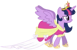 Size: 1106x722 | Tagged: safe, artist:proenix, derpibooru import, twilight sparkle, twilight sparkle (alicorn), alicorn, pony, magical mystery cure, big crown thingy, clothes, coronation dress, crown, dress, element of magic, female, hoof shoes, jewelry, mare, regalia, simple background, solo, transparent background, vector, wings