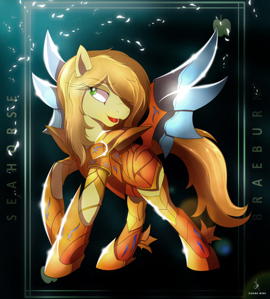 Size: 4300x4770 | Tagged: safe, artist:zidanemina, derpibooru import, braeburn, earth pony, pony, absurd resolution, anime, armor, crossover, male, open mouth, saint seiya, solo, stallion