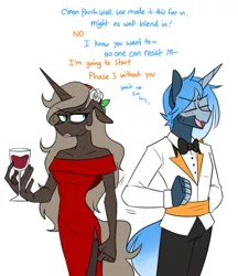 Size: 656x761 | Tagged: safe, artist:redxbacon, derpibooru import, oc, oc:parch well, oc:pillow talk, unofficial characters only, anthro, unicorn, annoyed, anthro oc, clothes, dress, female, glass, mare, wine glass
