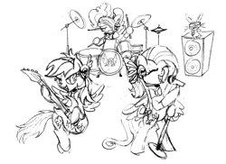 Size: 1700x1240 | Tagged: safe, artist:nxzc88, derpibooru import, angel bunny, fluttershy, pinkie pie, rainbow dash, earth pony, pegasus, pony, rabbit, animal, band, bipedal, bowtie, drum kit, drums, drumsticks, eyes closed, guitar, headset, microphone, monochrome, mouth hold, musical instrument, open mouth, playing instrument, singing, sketch, smiling, speaker, sunglasses, trio, visor