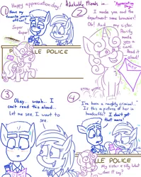 Size: 1280x1611 | Tagged: suggestive, artist:adorkabletwilightandfriends, derpibooru import, sweetie belle, oc, oc:officer conner, oc:star dusk, earth pony, pony, unicorn, comic:adorkable twilight and friends, adorkable, adorkable friends, blushing, brownies, card, comic, cuffs, cute, desperate, dork, embarrassed, female, filly, food, humor, implied rarity, innocent, lineart, magic, oblivious, officer, police, ponyville police, rawr, walkie talkie
