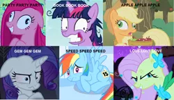Size: 1280x742 | Tagged: safe, derpibooru import, edit, edited screencap, screencap, applejack, fluttershy, pinkie pie, rainbow dash, rarity, twilight sparkle, pony, applebuck season, for whom the sweetie belle toils, lesson zero, party of one, sonic rainboom (episode), the best night ever, contemplating insanity, crazy face, cutie mark failure insanity syndrome, dialogue, faic, flutterrage, insanity, mane six, meme, pinkamena diane pie, rarisnap, snapplejack, twilight snapple