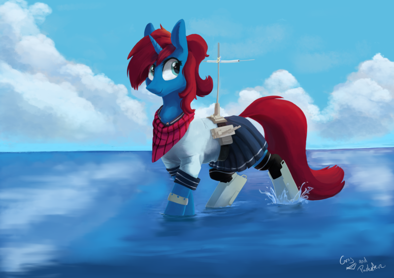 Size: 4960x3508 | Tagged: safe, artist:greyscaleart, artist:pucksterv, derpibooru import, oc, oc:altus bastion, pony, unicorn, absurd resolution, clothes, commission, cute, giant pony, kantai collection, macro, ocean, school uniform, smiling