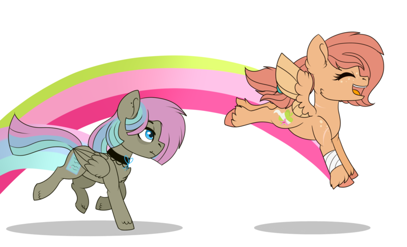 Size: 1771x1073 | Tagged: safe, artist:king-justin, derpibooru import, oc, oc:moody hailstorm, oc:sweet apple, pegasus, pony, base used, duo, female, filly, half-siblings, interdimensional siblings, leaping, offspring, parent:big macintosh, parent:fluttershy, parent:thunderlane, parents:fluttermac, parents:thundershy, rainbow, siblings, simple background, sisters, transparent background