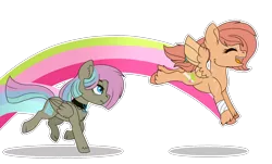 Size: 1771x1073 | Tagged: safe, artist:king-justin, derpibooru import, oc, oc:moody hailstorm, oc:sweet apple, pegasus, pony, base used, duo, female, filly, half-siblings, interdimensional siblings, leaping, offspring, parent:big macintosh, parent:fluttershy, parent:thunderlane, parents:fluttermac, parents:thundershy, rainbow, siblings, simple background, sisters, transparent background