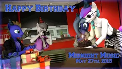 Size: 3840x2160 | Tagged: safe, artist:max seller, derpibooru import, octavia melody, oc, oc:aurora starling, oc:max seller, oc:midnight music, anthro, unicorn, 3d, birthday, cake, camera, candlelight, clapping, clothes, food, gasp, happy birthday, hat, kitchen, party hat, photoshop, present, smiling, surprised, surprised face, text