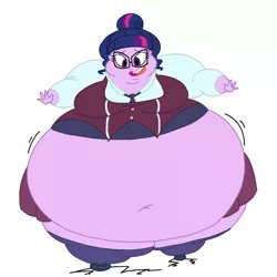 Size: 1024x1024 | Tagged: suggestive, artist:solitaryscribbles, color edit, derpibooru import, edit, sci-twi, twilight sparkle, equestria girls, alternate hairstyle, bbw, belly, belly button, big belly, big breasts, breasts, busty twilight sparkle, chubby cheeks, clothes, colored, cracks, crystal prep academy uniform, double chin, fat, female, grin, huge belly, impossibly large belly, jiggle, jiggling, large belly, midriff, morbidly obese, nervous, nervous grin, nervous laugh, obese, open mouth, school uniform, sci-twilard, simple background, smiling, solo, solo female, ssbbw, thighs, thunder thighs, twilard sparkle, unbalanced, weight gain, white background, wide hips, wobbling