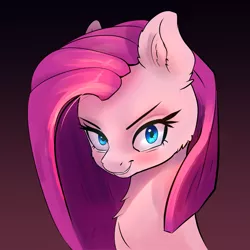 Size: 2795x2795 | Tagged: safe, alternate version, artist:xbi, derpibooru import, pinkie pie, earth pony, pony, adorabolical, bust, cheek fluff, chest fluff, cute, cuteamena, ear fluff, evil grin, gradient background, grin, looking at you, pinkamena diane pie, portrait, smiling, solo