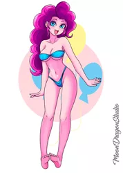 Size: 900x1265 | Tagged: suggestive, artist:silver-wingx, derpibooru import, pinkie pie, equestria girls, barefoot, bikini, breasts, busty pinkie pie, cleavage, clothes, feet, female, happy, looking at you, nail polish, sexy, solo, swimsuit