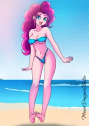 Size: 900x1265 | Tagged: suggestive, artist:silver-wingx, derpibooru import, pinkie pie, equestria girls, barefoot, beach, beach babe, belly button, bikini, bikini babe, breasts, busty pinkie pie, cleavage, clothes, feet, female, happy, looking at you, nail polish, sexy, solo, swimsuit