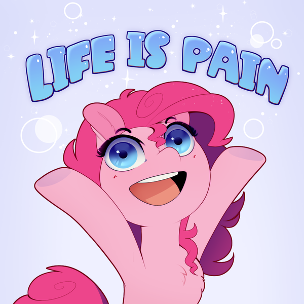 Size: 1000x1000 | Tagged: safe, artist:evehly, derpibooru import, pinkie pie, earth pony, pony, :d, abstract background, bubble, cheering, chest fluff, cute, depressing, diapinkes, dissonant caption, ear fluff, female, gradient background, happy, hooves up, irrational exuberance, life is pain, looking at you, mare, open mouth, pain, smiling, solo, sparkles, subversive kawaii, text, truth, underhoof, wat